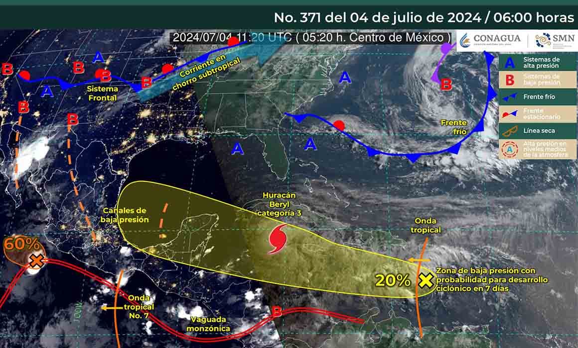 Huracán Beryl disminuye a categoría 3; se ubica a 705 kilómetros de Tulum