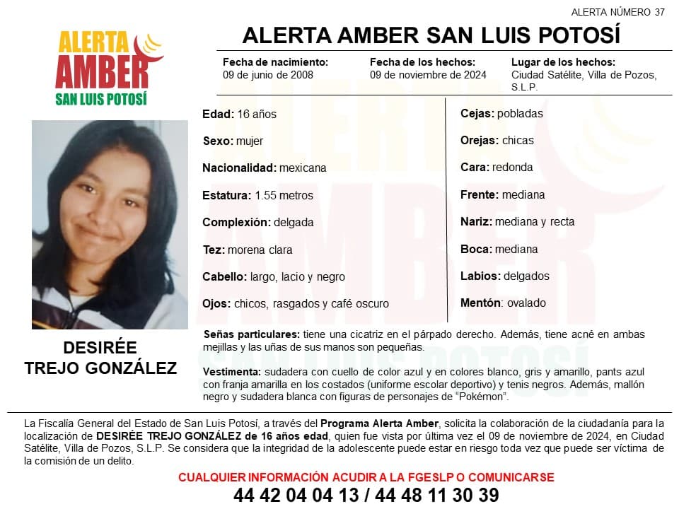 Buscan con Alerta Amber a menor desaparecida en Villa de Pozos