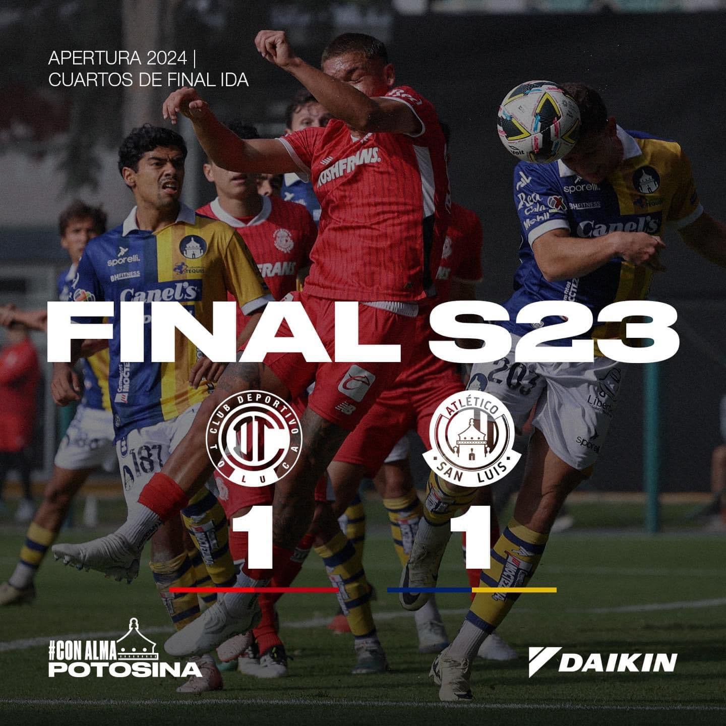 Atlético de San Luis empata en la ida de los cuartos de final ante Toluca