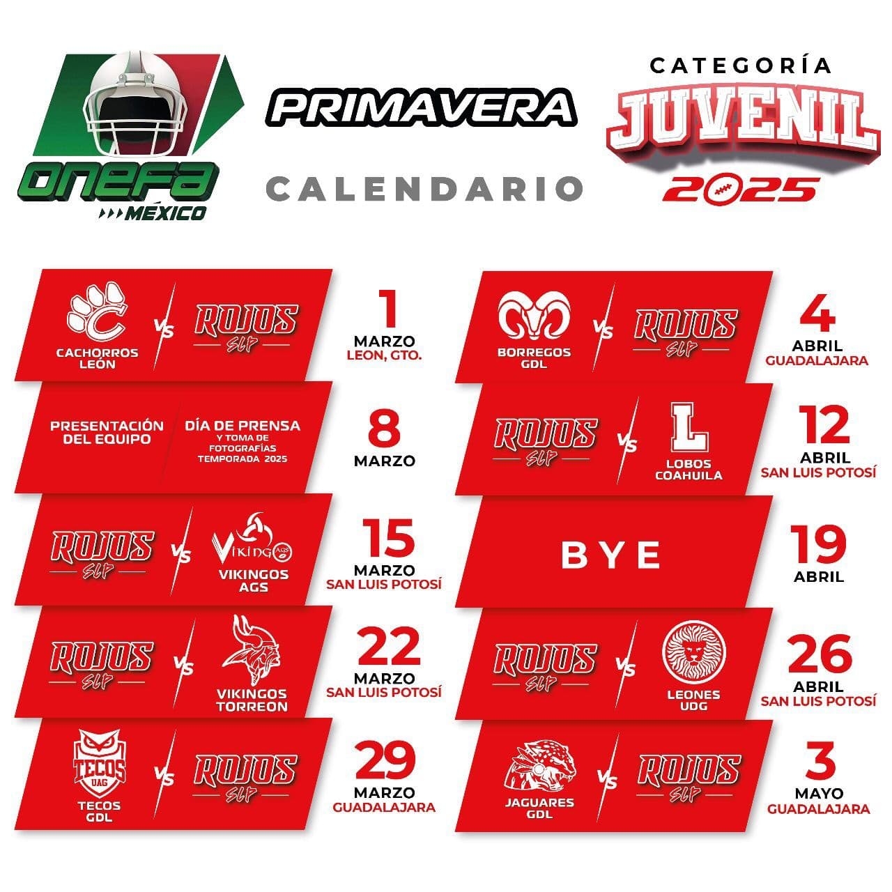 Rojos SLP revela su calendario para la temporada primavera 2025 en ONEFA
