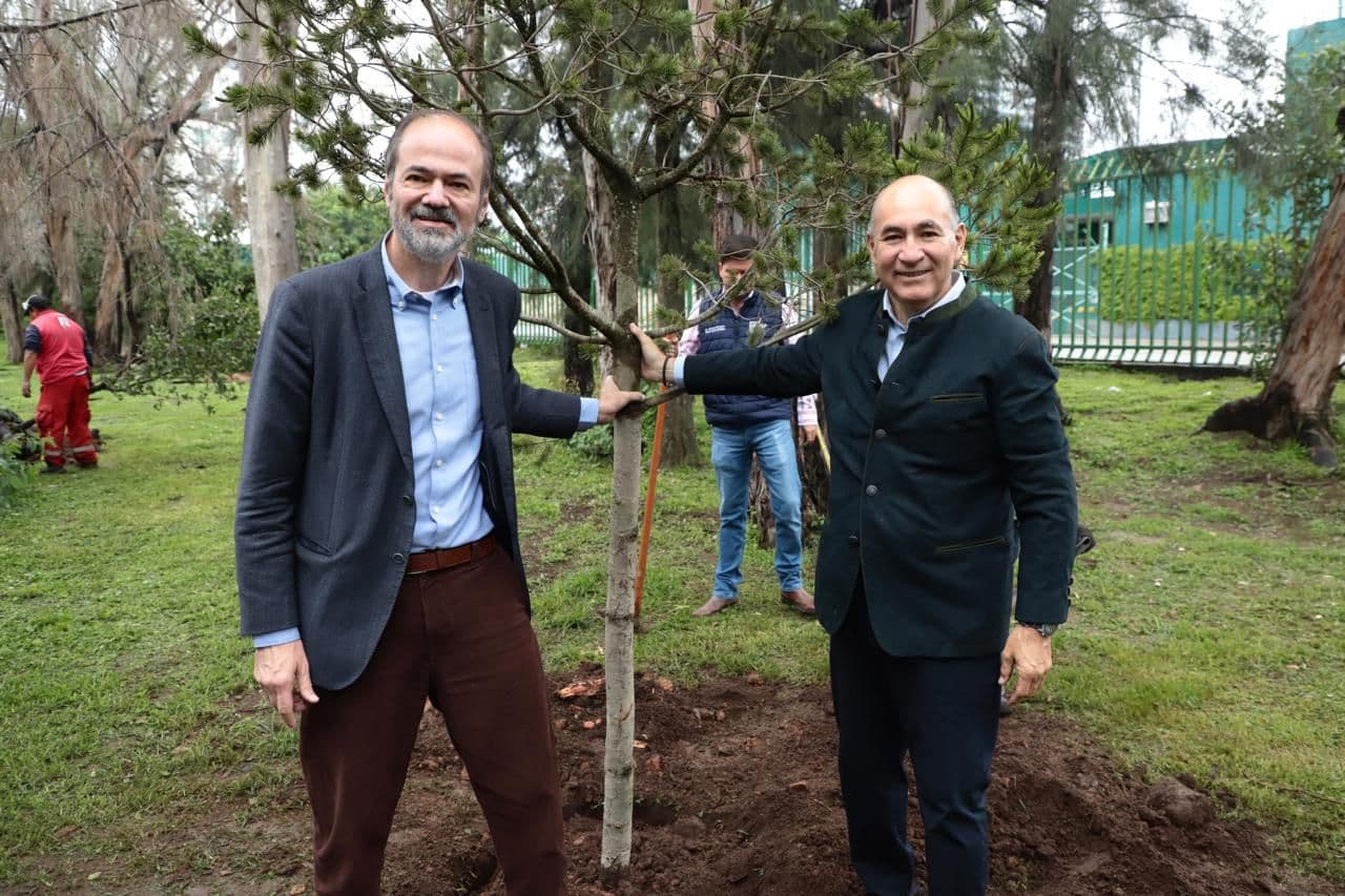 JUAN VILLORO Y EL ALCALDE ENRIQUE GALINDO SIEMBRAN MÁS ÁRBOLES EN EL JARDÍN DE LA CULTURA DEL PARQUE DE MORALES