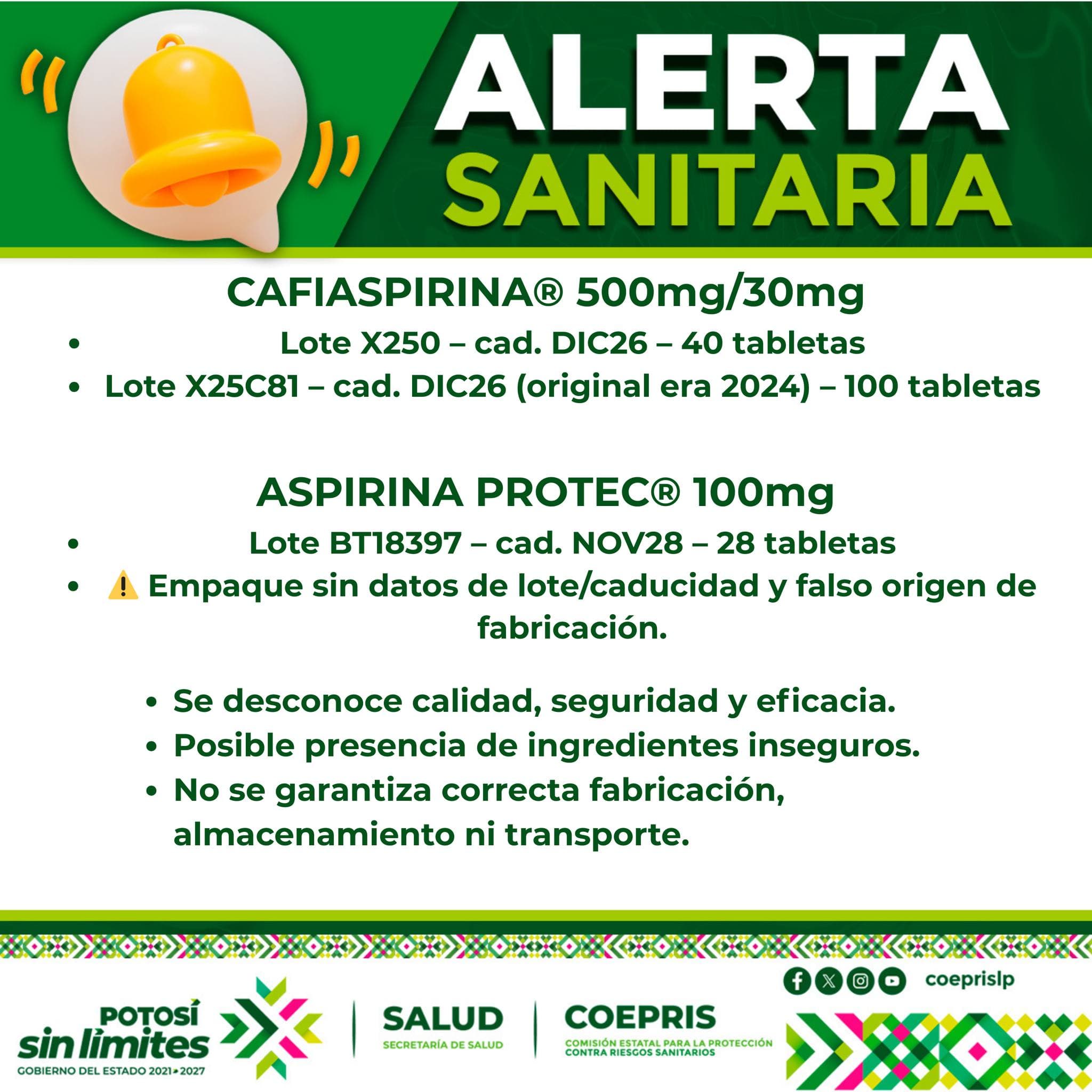 Emite alerta sanitaria Cofepris por falsificación de medicamentos