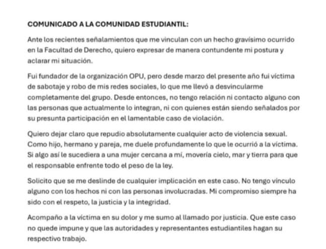 Se deslinda alumno presuntamente implicado en señalamientos de violación