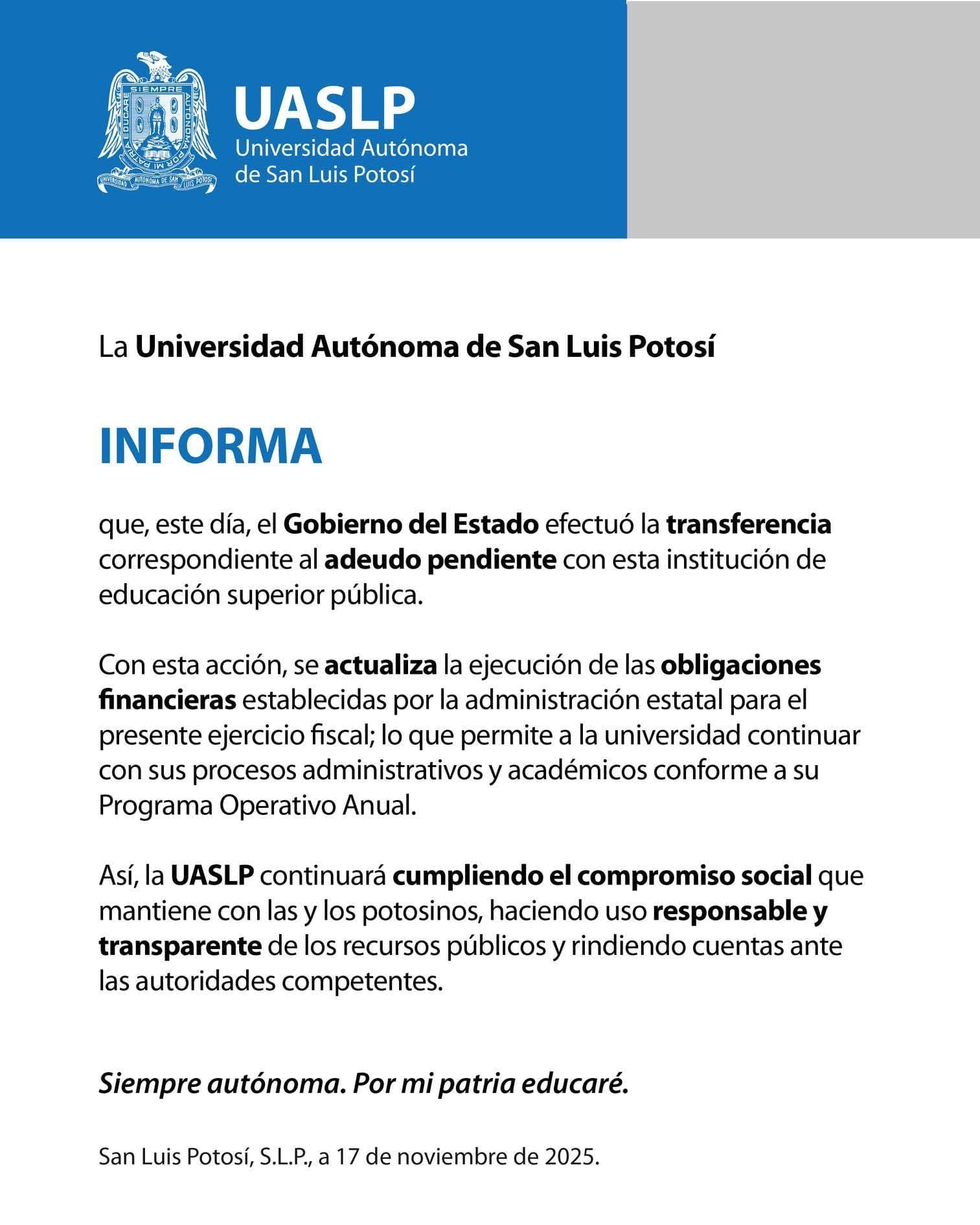 Liquida ejecutivo estatal adeudo pendiente con la UASLP