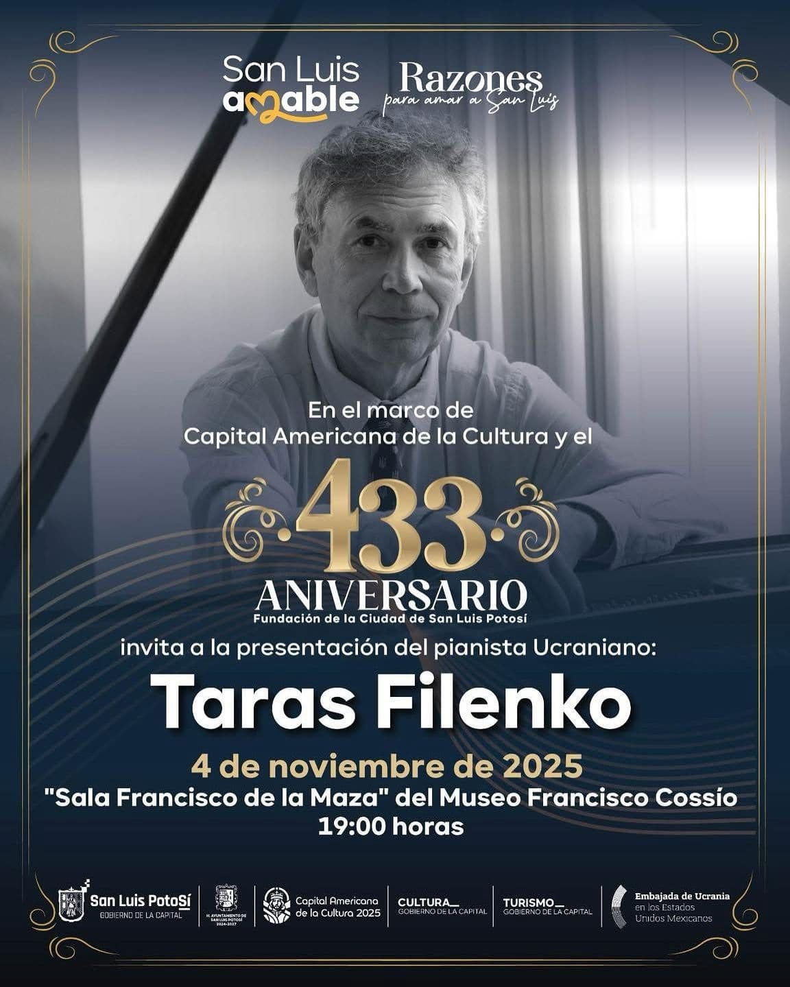 Dará concierto el pianista Taras Filenko por celebración de la fundación de San Luis Potosí