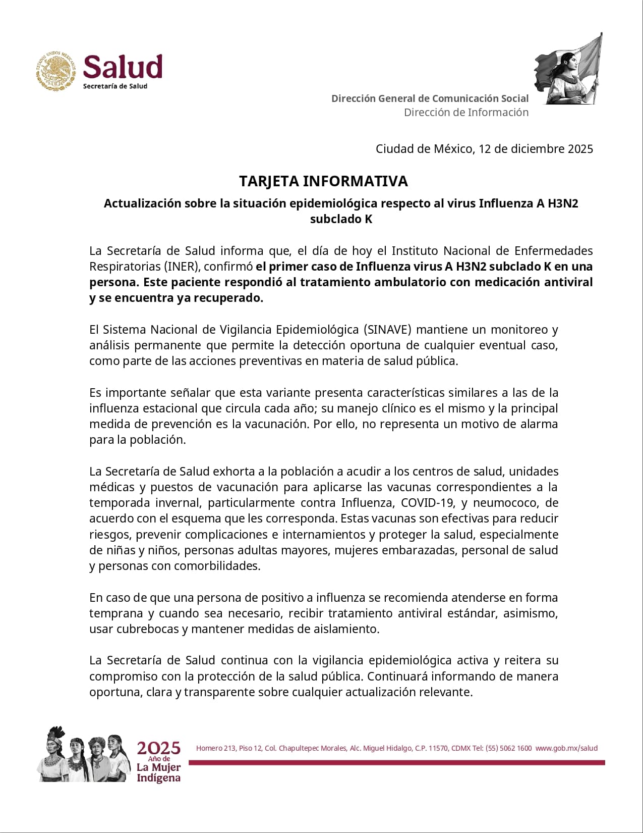 Confirman en México el primer caso de influenza A H3N2 subclado K