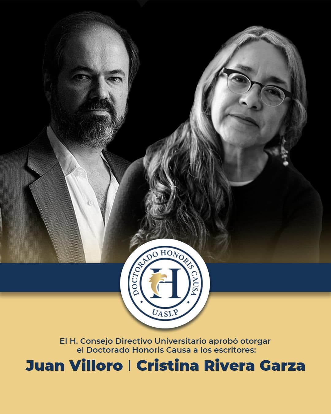 Oficializan Honoris Causa a Juan Villoro y Cristina Rivera Garza
