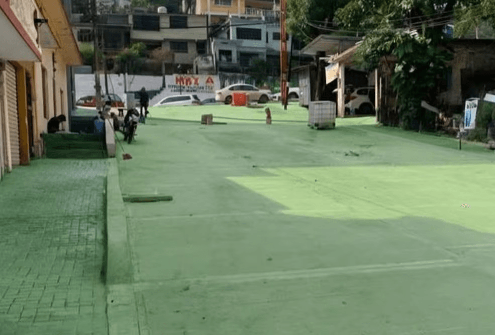 Rompe Tamazunchale la NOM al pintar banquetas y pavimentos de verde
