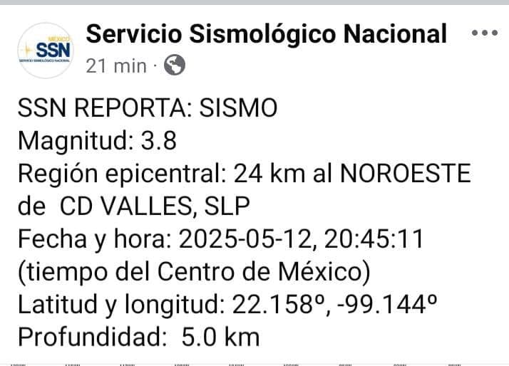 Confirma SSN 3 sismos al noroeste de Ciudad Valles