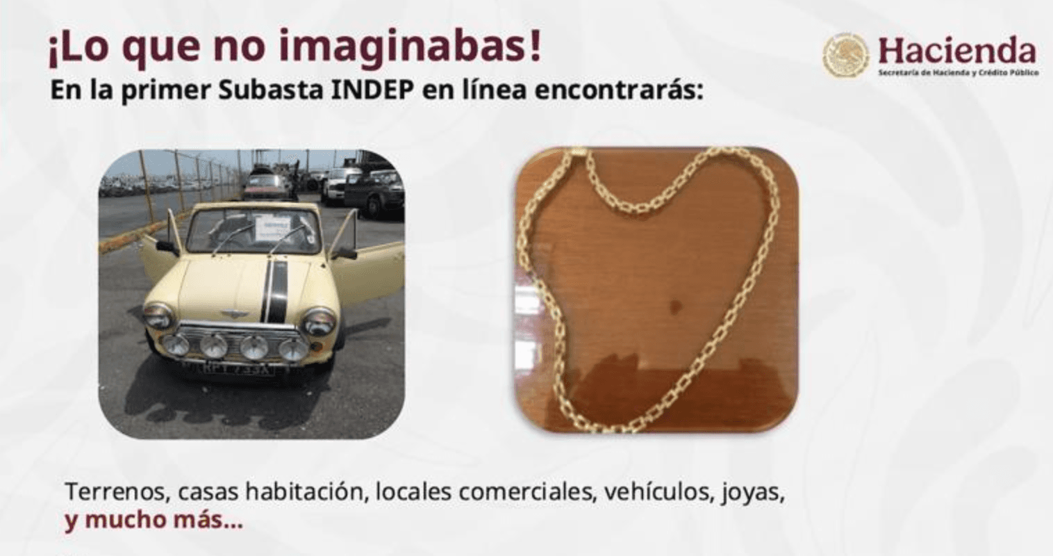 INDEP lanza subasta nacional de bienes incautados