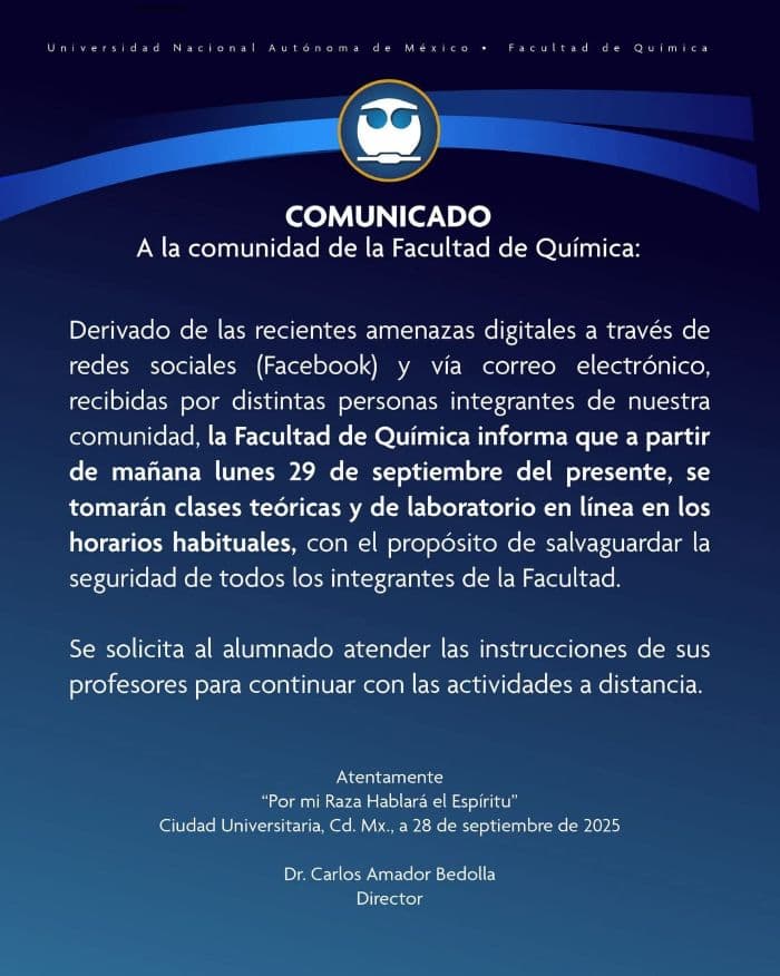 Suspende clases Facultad de Química en la UNAM por amenaza de redes sociales
