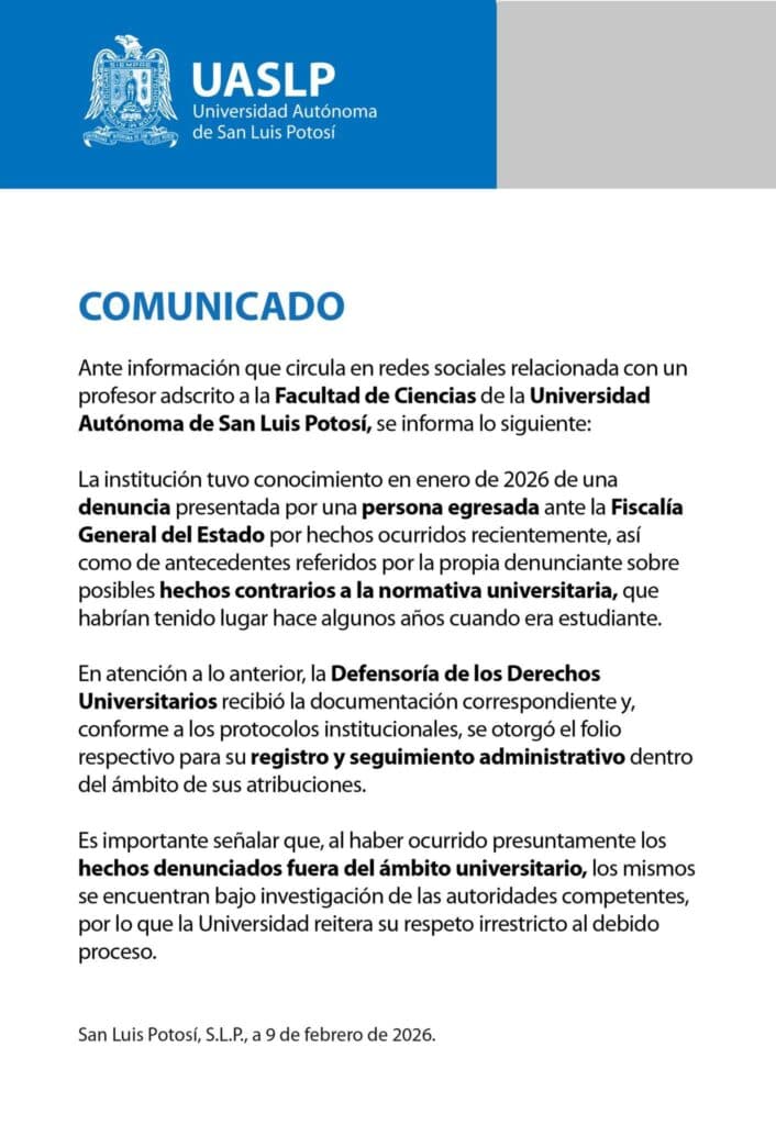Denuncian a docente de la UASLP por presunta agresión contra exalumna