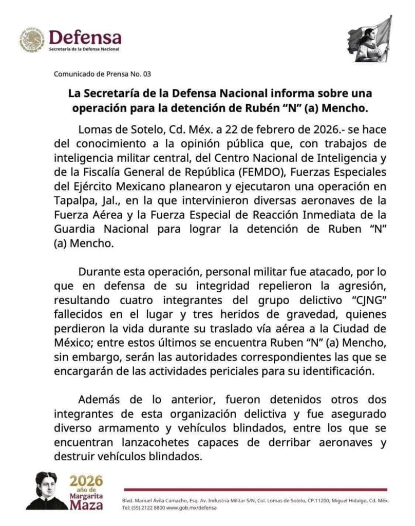 Confirma Sedena enfrentamiento en Tapalpa y muerte de Rubén “N”, alias “Mencho”